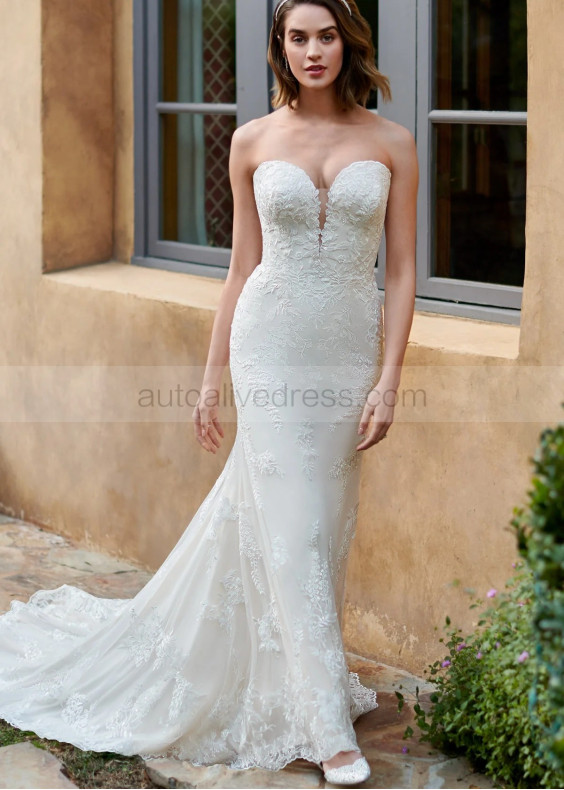 Strapless Ivory Lace Tulle Open Back Unique Wedding Dress